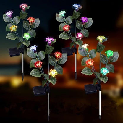Solar Garden Lights Outdoor Christmas Decor 4 Pack Solar Outdoor Lights Waterproof 7 Color Changing LED Lights 5 Head Solar Flower Lights for Yard Patio Pathway Decoration