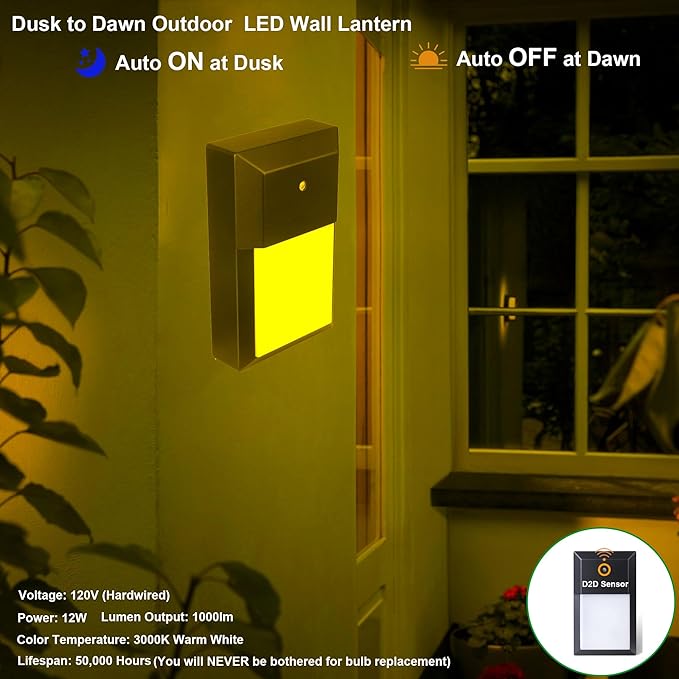 LIT-PaTH Dusk to Dawn Outdoor Wall Lantern, LED Wall Sconce for Porch Lighting Fixture, 12W 1000 Lumens, Aluminum Housing Plus PC, 2-Pack, 3000K-Black Finish