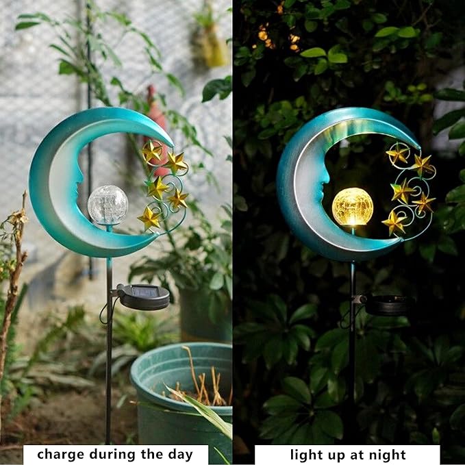 Solar Moon Lights - Outdoor Garden Lights with Crackle Glass Balls and Golden Stars - Waterproof Pathway Stakes for Lawn, Patio, or Yard - 2 Pack - Blue