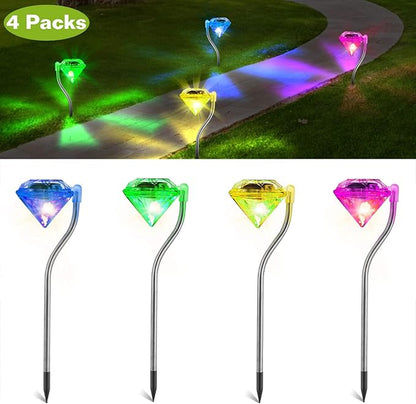 4 Pack LED Solar Lights, Outdoor Decorations 7-Color Changing LED Diamond Solar Light, Stainless Steel Stake Pathway Lights for Garden Path Walkway Patio Lawn Yard Christmas Halloween Decorations