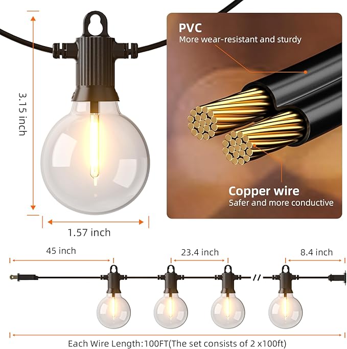 Kawaya 200FT Outdoor String Lights - LED Waterproof Patio Light for Outside with 100+4 G40 Globe Blubs | Lumora