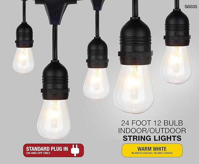 Satco S8035 Incandescent Indoor/Outdoor String Lights, Black, Bulbs Included, 24 Feet (Pack of 1)