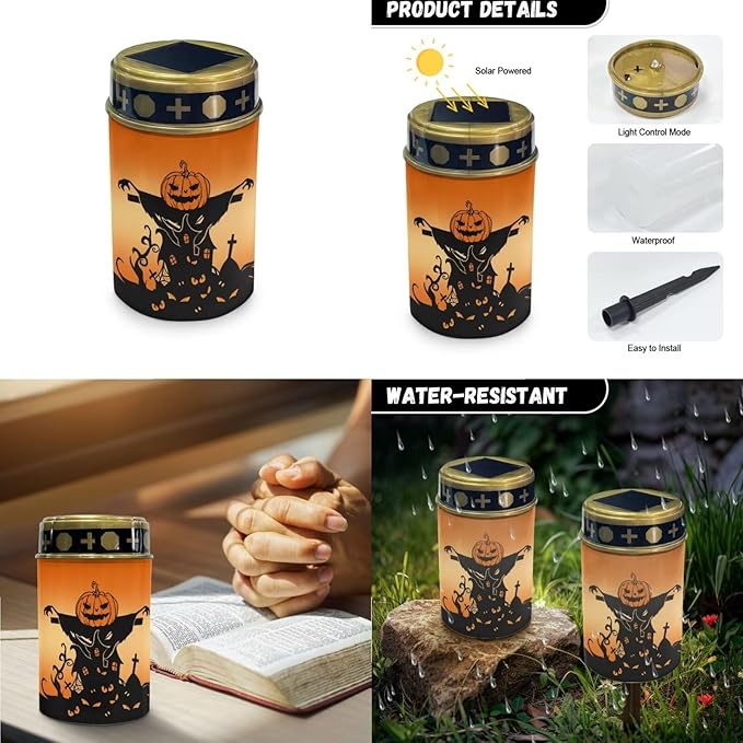 Halloween Cemetery Solar Lights for Grave 2 Pcs Cemetery Solar Lights Solar Grave Decorations for Cemetery Memorial Solar Lights for Graves