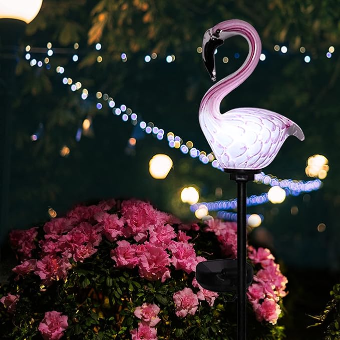 Afirst Solar Outdoor Lights Decorative - Solar Garden Stake Lights Flamingo Handblown Glass Stake Garden Pathway Light Outdoor Waterproof Glass Stakes for Pathway Yard Lawn Decoration