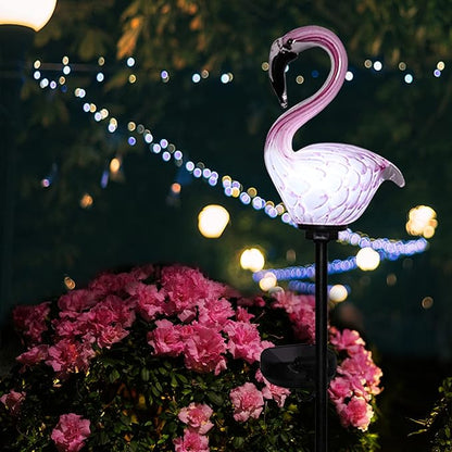 Afirst Solar Outdoor Lights Decorative - Solar Garden Stake Lights Flamingo Handblown Glass Stake Garden Pathway Light Outdoor Waterproof Glass Stakes for Pathway Yard Lawn Decoration