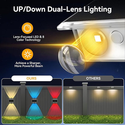 TECKNET Solar Fence Lights 12 Pack, 8 Modes RGB Color Changing, Up Down Lights & 200°Wide Lighting, IP66 Waterproof Dual-Lens LED Decorative Lights for Wall/Garden/Fence/Patio/Backyard