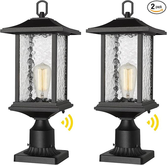 Beionxii Dusk to Dawn Outdoor Post Lights, 21inch Large Exterior Lamp Post Light Pier Mount Lantern with Base, Black Cast Aluminum w/Water Glass - A272P-2PK (NOT Solar, 110-120V AC)