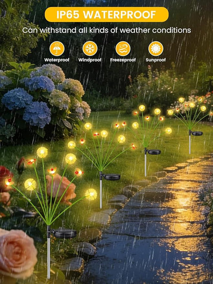 Solar Garden Lights Outdoor, 4 Pack 32 LED, Solar Swaying Dandelion Bee Lights Waterproof, Swaying Firefly Lights for Yard Pathway Lawn Patio Decorations, 2 modes (Steady on, Slow Twinkle), Warm White