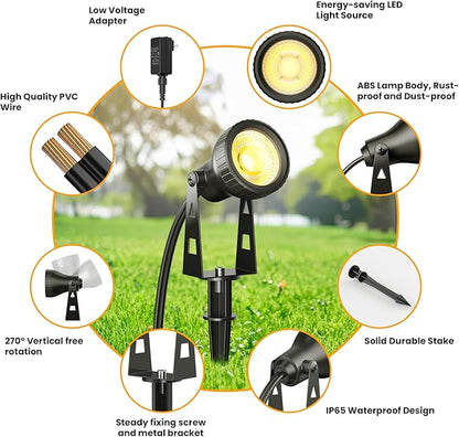 Outdoor Landscape Lighting, 4-Pack Outdoor Spot Lights with Transformer, Plug in LED Spot Lights for Garden, Yard, Backyard, Plants, Lawn, Trees, House, Flags, IP65 Waterproof – Warm White