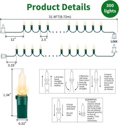 LAMPHOME Clear Christmas String Lights 300 Count 63.8ft(2pk of 150L) Incandescent Bulb Mini Lights for Valentines Day Indoor Xmas Tree Garland Birthday Wedding Party Festival Decoration, Green Wire