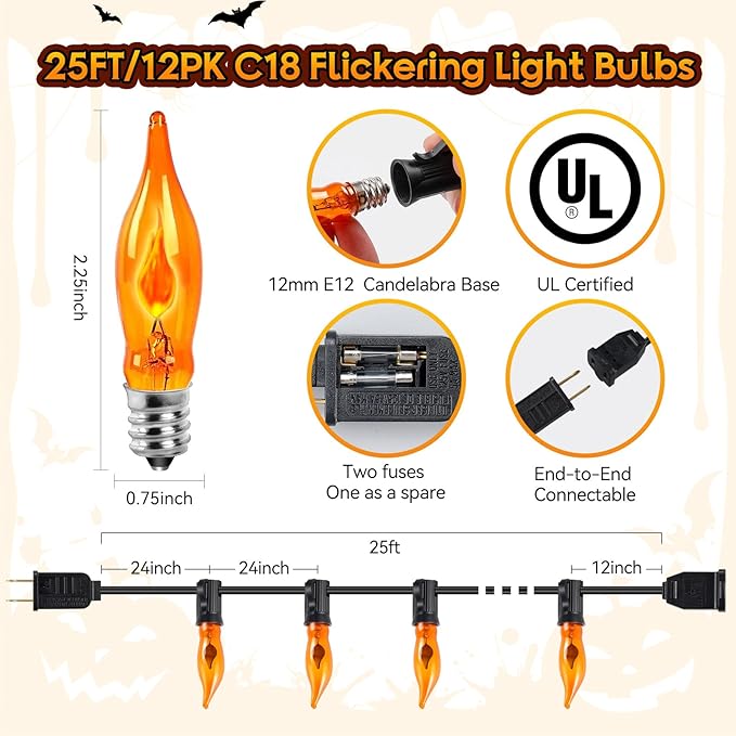 Enchanting Spooky Glow, 25Ft Flickering Flame Halloween Lights with 12 C18 Vintage Bulbs, Weatherproof & | Lumora
