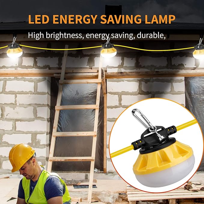 [3-Prong] 100ft LED Construction String Lights, 100W 14000lm LED String Work Lights - Outdoor Security Flood Light | Lumora