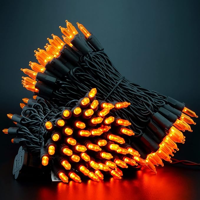 YULETIME 200 Orange LED Christmas Lights with Black Wire, Pack of 2 Strands 33 Feet 100 Lights UL Certified Holiday String Light Set