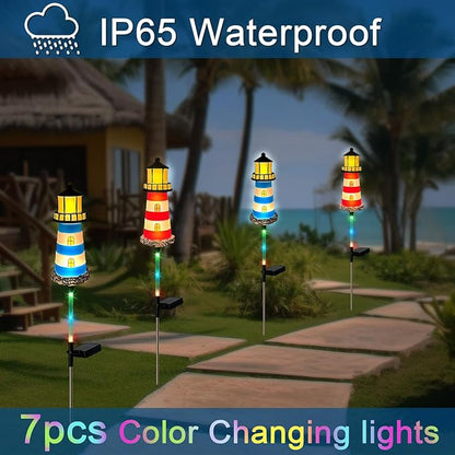 4 Pack Lighthouse Solar Lights,7 Light Color Changes,IP65 Waterproof Solar Pathway Lights for Garden,Lawn,Outdoor Lighthouse Decor