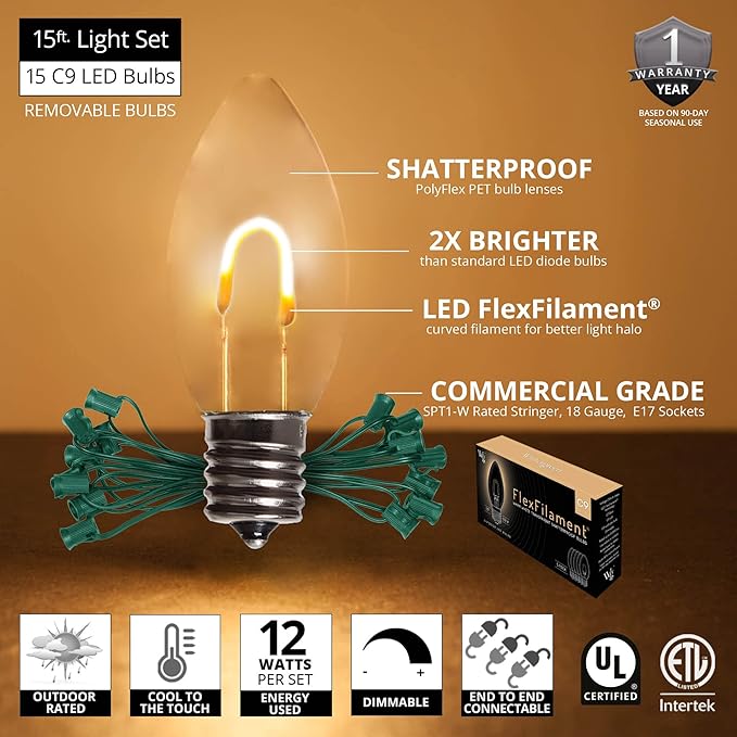 15' FlexFilament LED Warm White C9 Christmas Lights Outdoor String Lights, Shatterproof Edison Bulb String Lights | Lumora