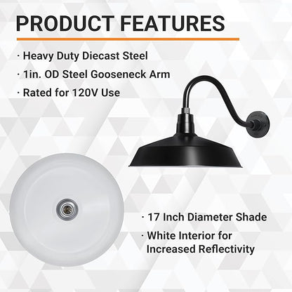 17in. Satin Black Outdoor Gooseneck Barn Light Fixture With 14.5 in. Long Extension Arm - Wall Sconce Farmhouse, Vintage, Antique Style - UL Listed - 9W 900lm A19 LED Bulb (5000K Cool White)