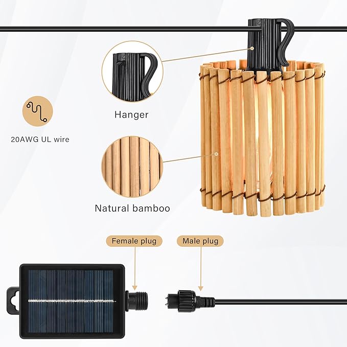 Decorative Solar String Lights Outdoor Rattan Lamps, 20.5FT 10 LED G40 Bulb Waterproof Hanging Lantern for Patio, Yard, Deck, Garden - Indoor/Outdoor Use