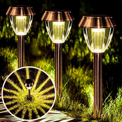 Vintage Solar Lights Outdoor, Glass & Metal Solar Pathway Lights 4 Pack, IP65 Waterproof, Warm White Garden Lights for Walkway, Yard, Patio, Driveway