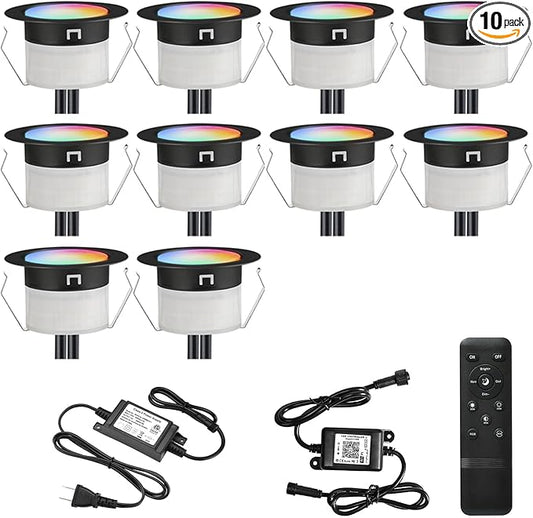 FVTLED LED Deck Lights Kit, 10pcs Φ1.22 WiFi Smart Phone Control Low Voltage Recessed RGBW Deck Lighting Waterproof Outdoor Yard Path Stair Decor, Black