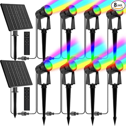 ZYAN Solar Color Changing RGB Spotlights with Remote, Separate Monocrystalline Panels & USB-C Powered 12000mAh Auto On Off, Outdoor IP65 Waterproof, for Patio Yard Garden Pathway (8 Pack)