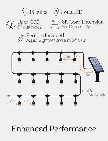 Brightech Ambience Pro – Solar Power Remote Control Outdoor String Lights with Edison Bulbs – Shatterproof, Commercial Grade LED Waterproof Patio Lights – 1W, 3,000K, Hanging, 48 ft