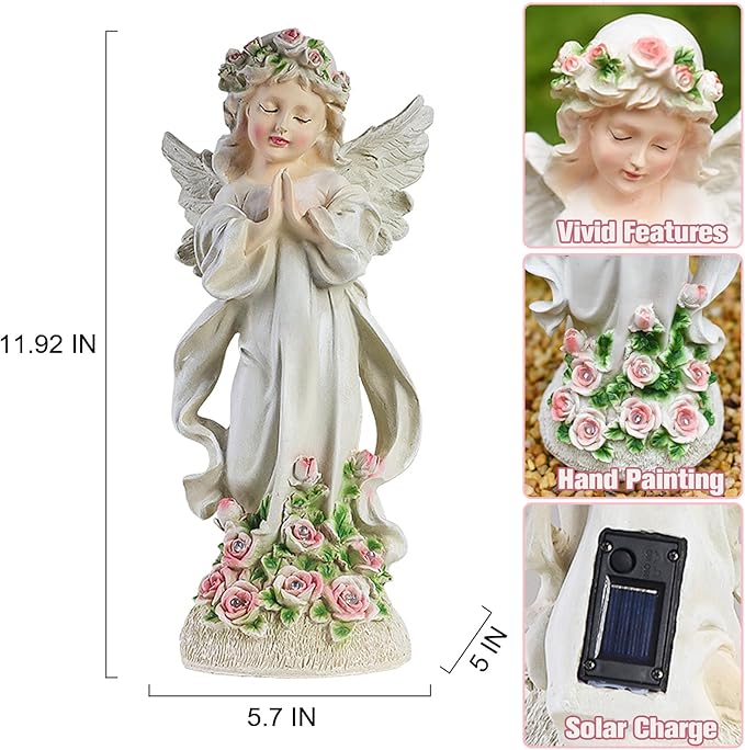 Solar Garden Statues Lights, Guardian Angel Figurines Light with Flower, Resin Praying Angel Figurine Lights Landscape Light, Outdoor Decor Garden Figurine for Patio Balcony Yard Lawn (White Angel)