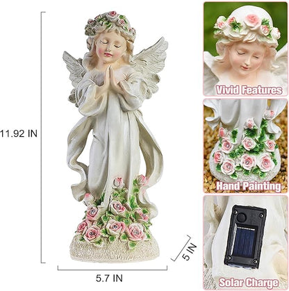 Solar Garden Statues Lights, Guardian Angel Figurines Light with Flower, Resin Praying Angel Figurine Lights Landscape Light, Outdoor Decor Garden Figurine for Patio Balcony Yard Lawn (White Angel)