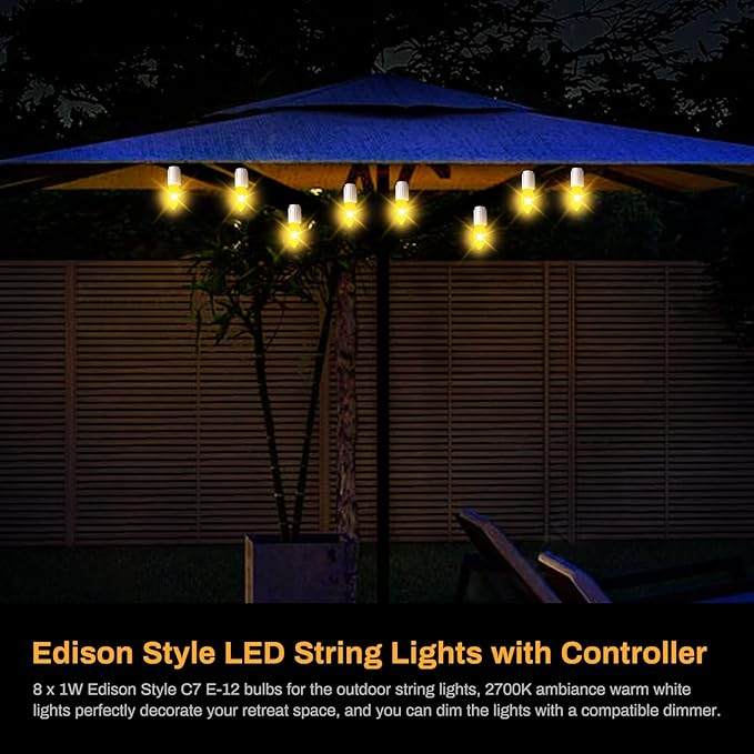 LED Canopy and Umbrellas Lights, 23 Ft LED Outdoor String Lights with Shatterproof Plastic 8LED C7 E-12 Light Bulbs, Waterproof, C Battery Powered, Super Bright to Display at Night Outdoors