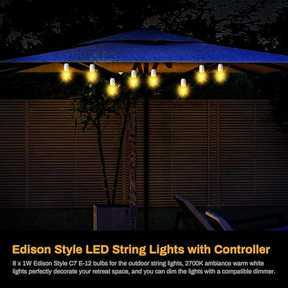 LED Canopy and Umbrellas Lights, 23 Ft LED Outdoor String Lights with Shatterproof Plastic 8LED C7 E-12 Light Bulbs, Waterproof, C Battery Powered, Super Bright to Display at Night Outdoors