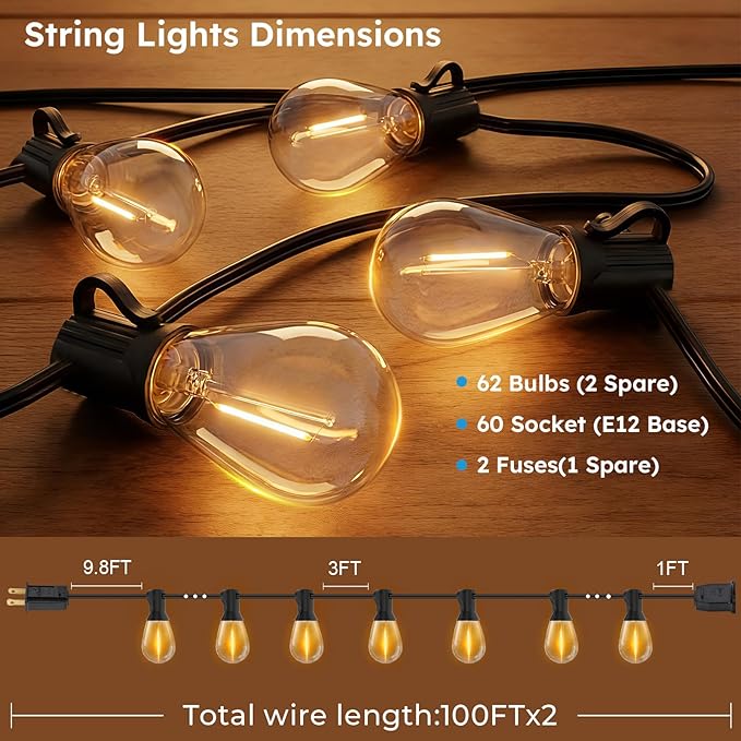 LED Outdoor String Lights, 200FT Waterproof Patio Lights with 62 Shatterproof S11 Plastic Bulbs, 2700K Warm White Edison Hanging Lights for Backyard, Garden, Porch, Bistro