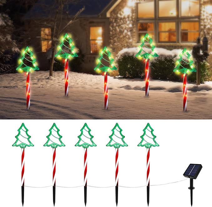 Christmas Tree Outline Solar Lights 5 Pack, 17’’ Cute Size Pine Tree Outline Garden Solar Lights for Out Decor, IP45 Wateproof and Dust Resistance, Solar Powered Yard Light for Christmas Decor
