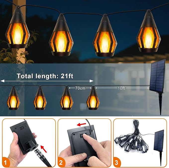 21Ft Solar String Lights Outdoor Waterproof Solar Powered Patio Lights with 10 Flickering Flame Light Bulbs Hanging | Lumora