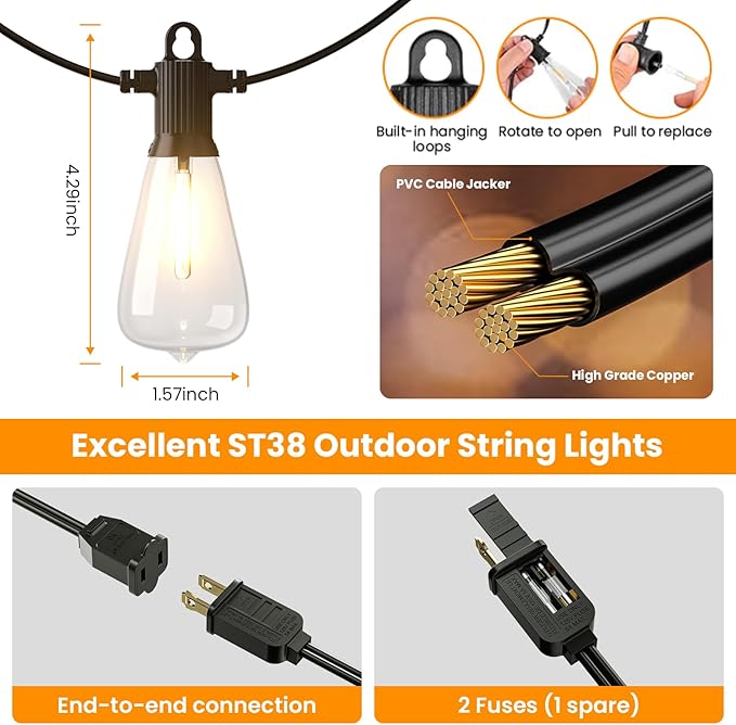 ZOTOYI Outdoor String Lights，50FT Patio Lights with 27 Vintage Edison Bulbs (2 Spare)，ST38 Waterproof Outside Hanging Light for Backyard, Bistro, Cafe, Gazebo, Porch Decor, Dimmable 2700K