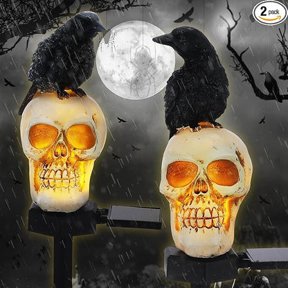 Retisee 2 Pcs Halloween Garden Decor Solar Skull Lights with Black Crow on Skull Waterproof Solar Skeleton Lights Outdoor LED Light up Skeletons Halloween Outdoor Decor for Garden Pathway Lawn Yard