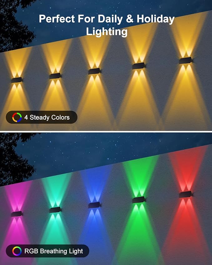 RGB Up & Down Solar Deck Lights 4 Pack + 4 Pack Solar Motion Lights, Wall Mount for Yard Patio Step Stairs Rail, Decor for Halloween Christmas