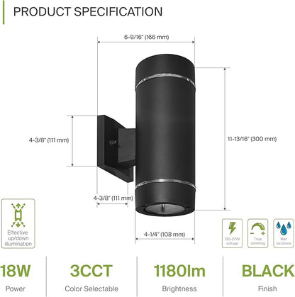 ASD 2 Light LED Indoor & Outdoor Wall Light Fixture | 18W 1180LM 3000K-5000K 100-277V Cylinder Up Down Lights | Dimmable Exterior Wall Sconce | Front Door, Porch, Patio | Ringed Black, ETL 2 Pack
