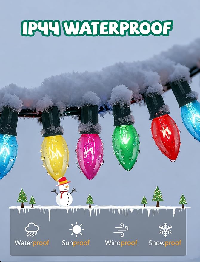 C9 Multicolor Christmas Lights, 25Ft Transparent Multicolor String Lights with 26 Clear Glass Bulbs (1 Spare), Hanging Vintage Christmas Lights String for Indoor Outdoor Christmas Tree Garden Party