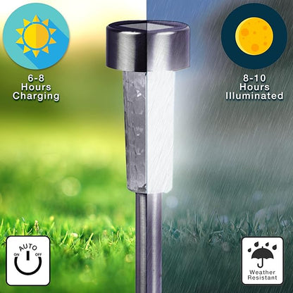Crosslight Solar Powered Pathway Lights (12 Pack) - Outdoor Stainless Steel White LED Lights, Waterproof for Garden, Yard, Patio, Lawn, Walkway - Decorative Ground Stake Lighting | Silver