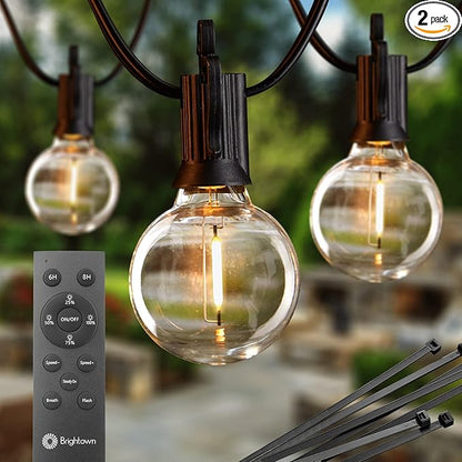 Brightown Outdoor String Lights with Remote, 2 Packs Each 38Ft 15 LED Patio Lights Outdoor Waterproof, String Lights for Outside, Hanging Lights for Porch Balcony Bistro Cafe