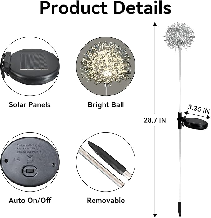 Solar Garden Lights - 2 Pack Decorative Outdoor Lights, Auto ON/OFF for Garden Gifts, White