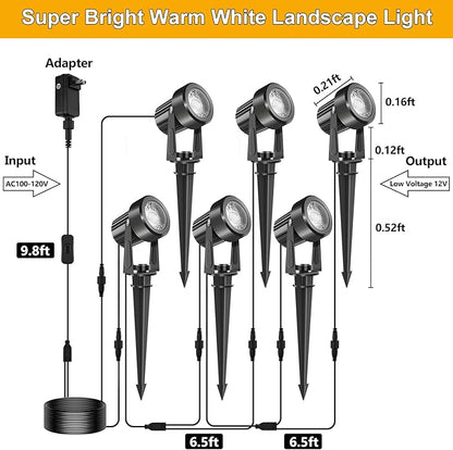 LED Spotlights Outdoor,Low Voltage Landscape Lighting IP65 Waterproof with US Plug, 3000K Warm White Outdoor Spot Lights for Yard Flag Pole House Garden Tree(6-in-1)