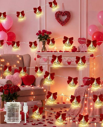 AceList Disco Ball String Lights with Removable Red Bows, 20 LED 1.6" Large Mirror Balls, 8 Modes Waterproof Battery Box/USB Fairy Lights for Christmas Tree, 70s Party, Bedroom, Outdoor Camping