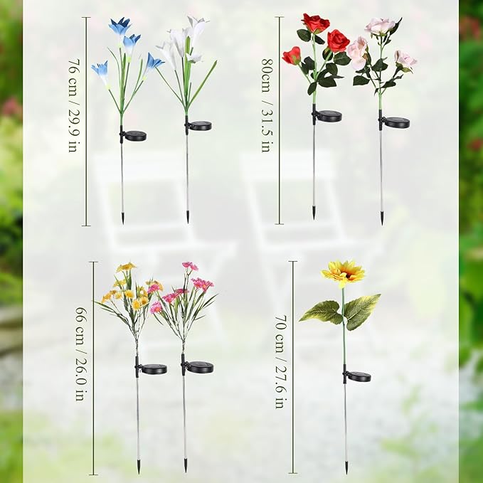 Crowye 8 Pcs Solar Flower Lights 4 Styles Led Solar Rose Lily Sunflower Daisy Garden Flowers Lights Waterproof Solar Outdoor Lights for Yard Patio Lawn Pathway Walkway Garden Halloween Decoration