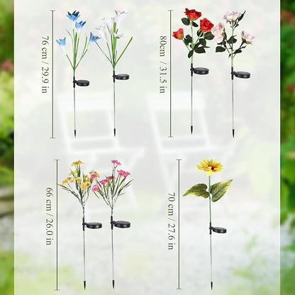 Crowye 8 Pcs Solar Flower Lights 4 Styles Led Solar Rose Lily Sunflower Daisy Garden Flowers Lights Waterproof Solar Outdoor Lights for Yard Patio Lawn Pathway Walkway Garden Halloween Decoration