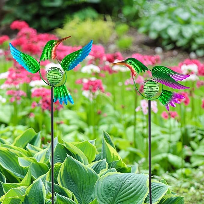 Hummingbird Solar Garden Stakes Lights 2 Pack,Solar Hummingbird Bird Figurine Outdoor Lights for Spring Garden Pathway Lawn Yard Decoration