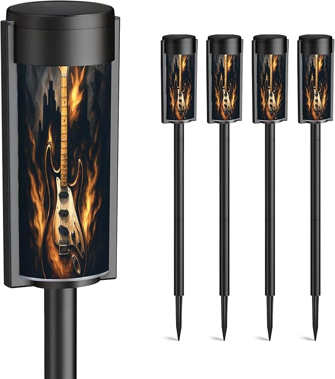 4 Pack Solar Pathway Lights Outdoor Waterproof Guitar City Beautiful Picture gitital Art Solar Garden Lights LED Landscape Lighting for Yard Walkway Lawn Garden Decor