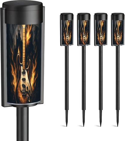 4 Pack Solar Pathway Lights Outdoor Waterproof Guitar City Beautiful Picture gitital Art Solar Garden Lights LED Landscape Lighting for Yard Walkway Lawn Garden Decor