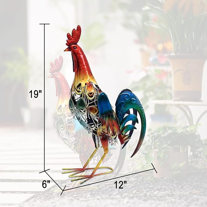 19 Inch Solar Rooster Statue, Metal Yard Art with Colorful Lights for Garden Lawn Outdoor Decoration Gifts | Lumora