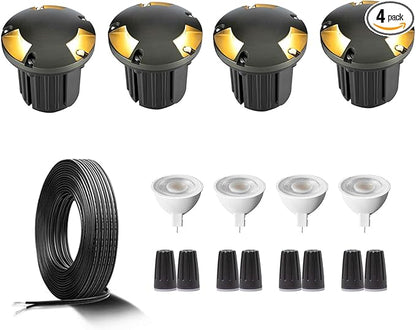 Gardenreet Landscape Well Lights Brass Kit(4 Pack) with MR16 Bulb & 100Feet Wire & Connectors, 12V AC/DC LED In Ground Landscape Lighting for Outdoor Yard Garden Path(3 Way Turret)