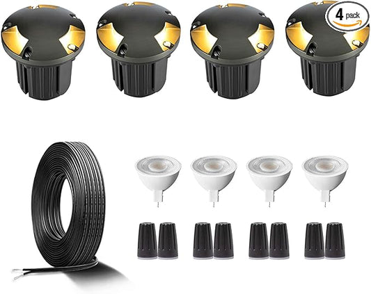Gardenreet Landscape Well Lights Brass Kit(4 Pack) with MR16 Bulb & 100Feet Wire & Connectors, 12V AC/DC LED In Ground Landscape Lighting for Outdoor Yard Garden Path(3 Way Turret)